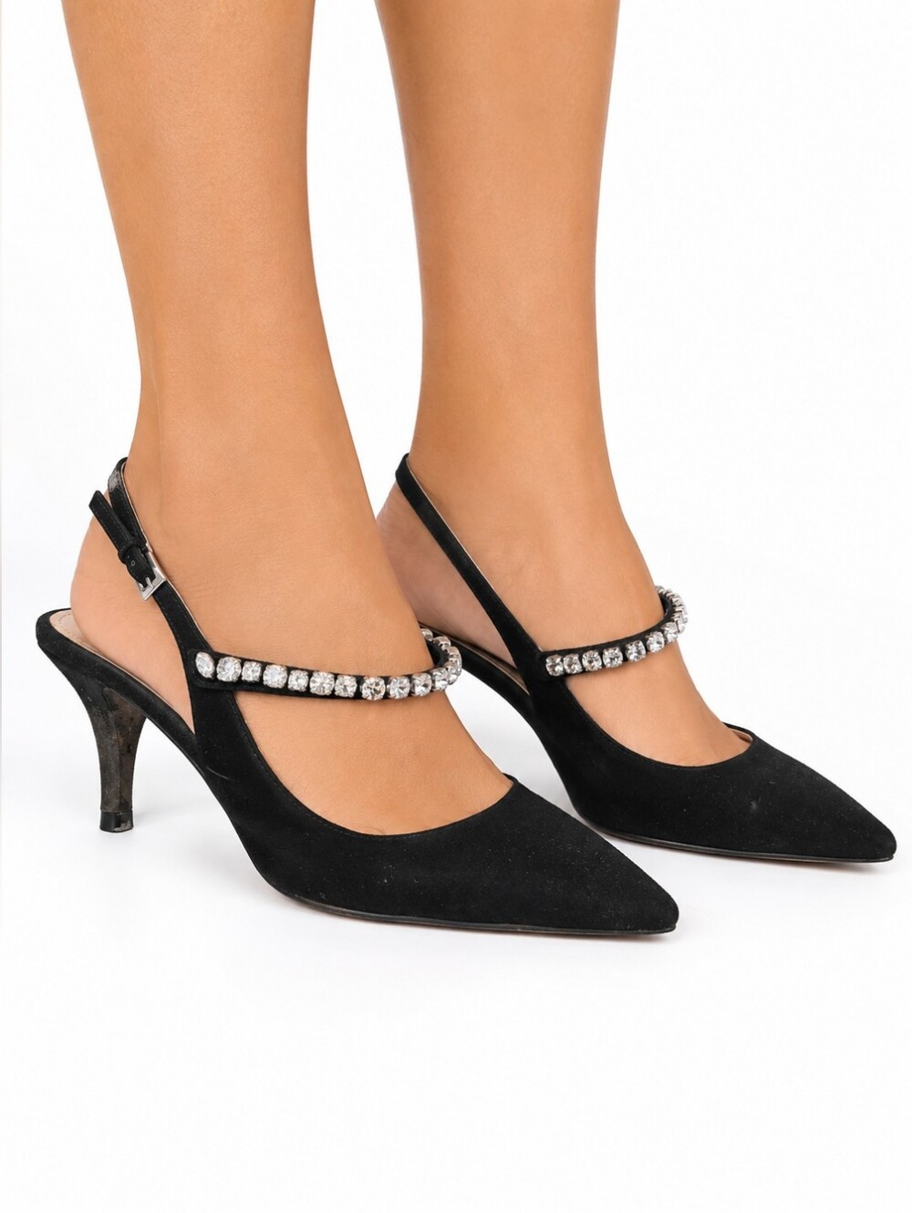 Prada Black Suede Embellished Slingback Low Heel Pumps Size 38.5